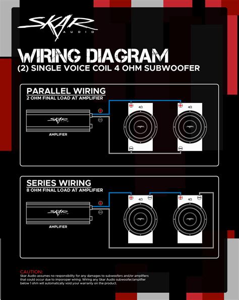 5 ohm load Voice coils wired in parallel, speakers wired in parallel Recommended Amplifier Stable at 1 ohm mono Option 3 (seriesparallel) 6 ohm load Voice coils wired in series, speakers wired in parallel Recommended Amplifier Stable at 4, 2, or 1 ohm mono. . 4 ohm single voice coil wiring diagram